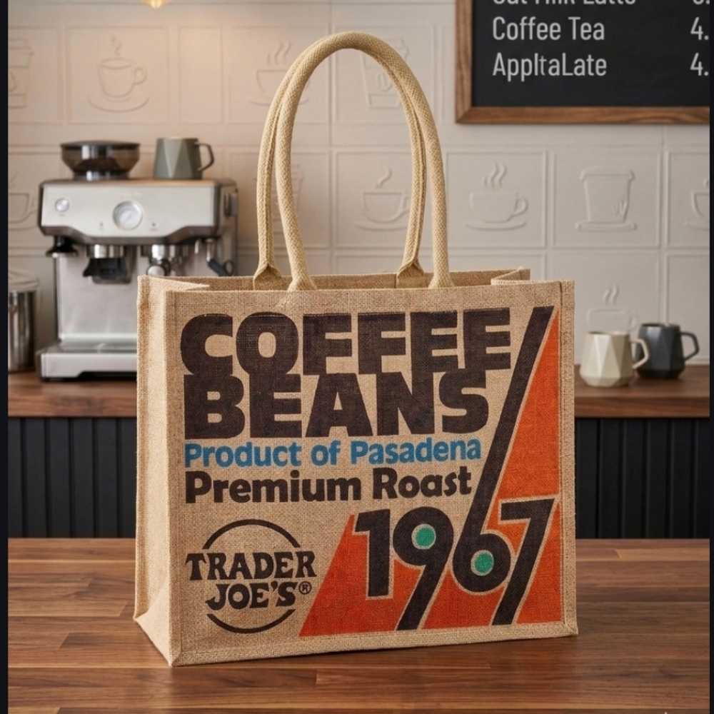 Trader Joe's Large Jute Tote Bag Coffee Bean Limited Reusable Grocery Bag New